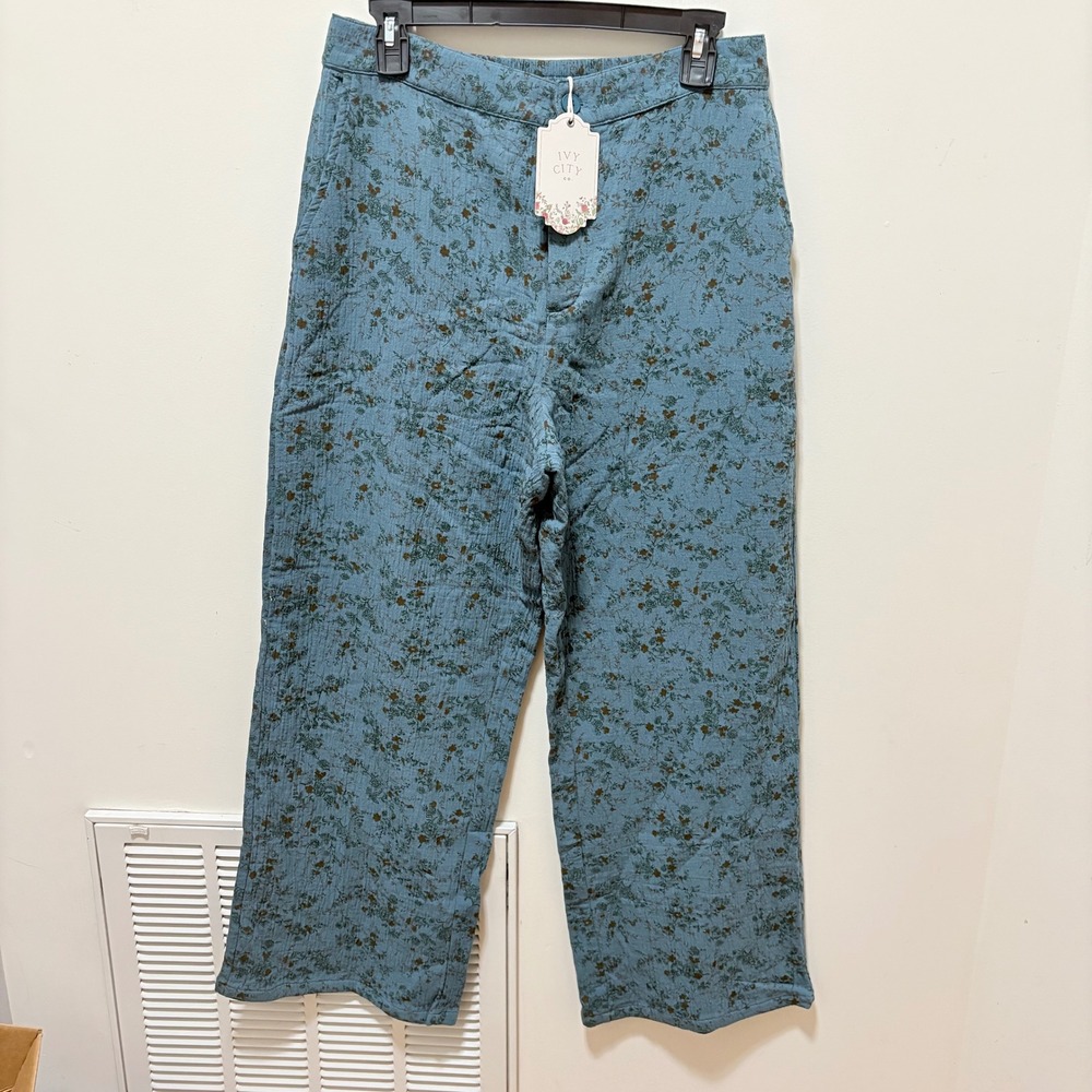 Ivy City Co Floral Wide Leg Pants Women Blue Medium Cotton Gauze High Rise